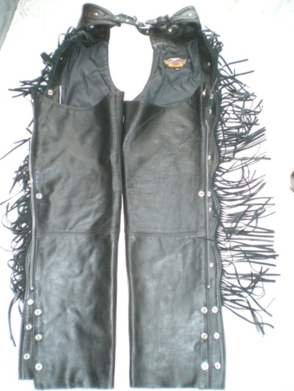 HARLEY DAVIDSON CHAPS black fringe leather western pants studs XS moto Vintage - Picture 2 of 8